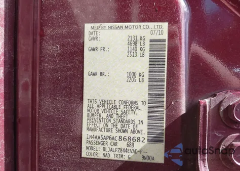 2010 Nissan Maxima 3.5 Sv z USA, uszkodzony, nr VIN 1N4AA5AP6AC868682